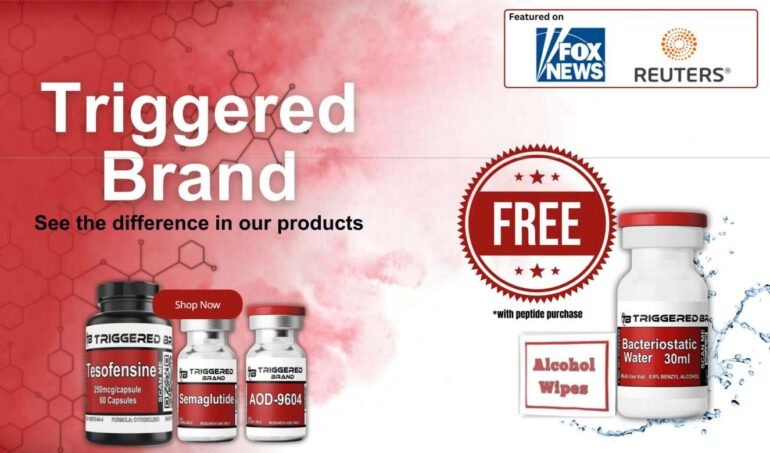 Triggered Brand banner featuring USA-made research peptides and capsules including Tesofensine, Semaglutide, AOD-9604, and Bacteriostatic Water with free alcohol wipes promotion.
